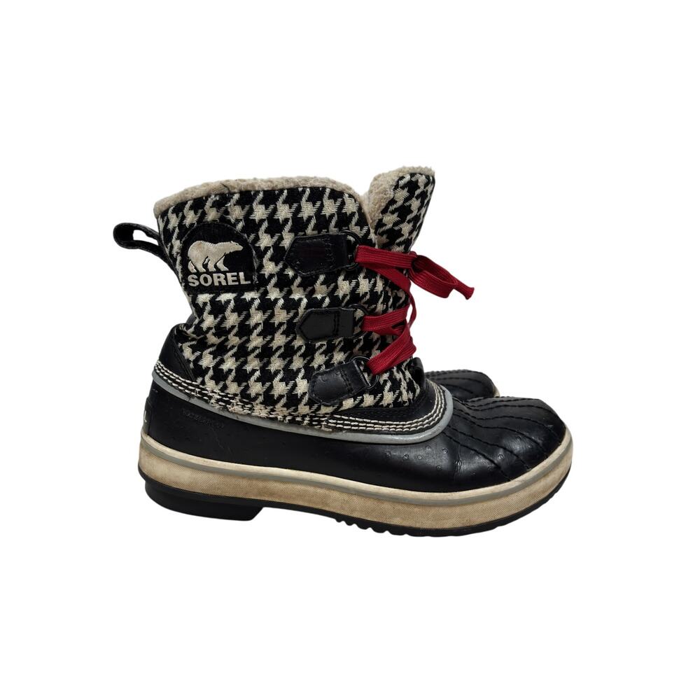 Sorel Tivoli Tweed Short Boots Womens 6.5 Black Sherpa Lined Houndstooth Lace Up